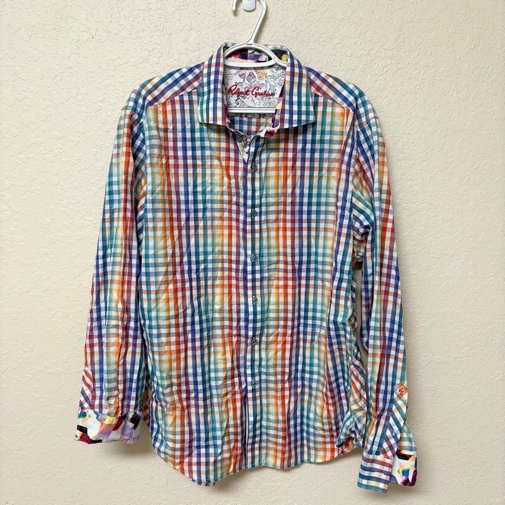 Robert Graham Multi Color Check Button Front Shirt Colorful Long Sleeve Size 2XL